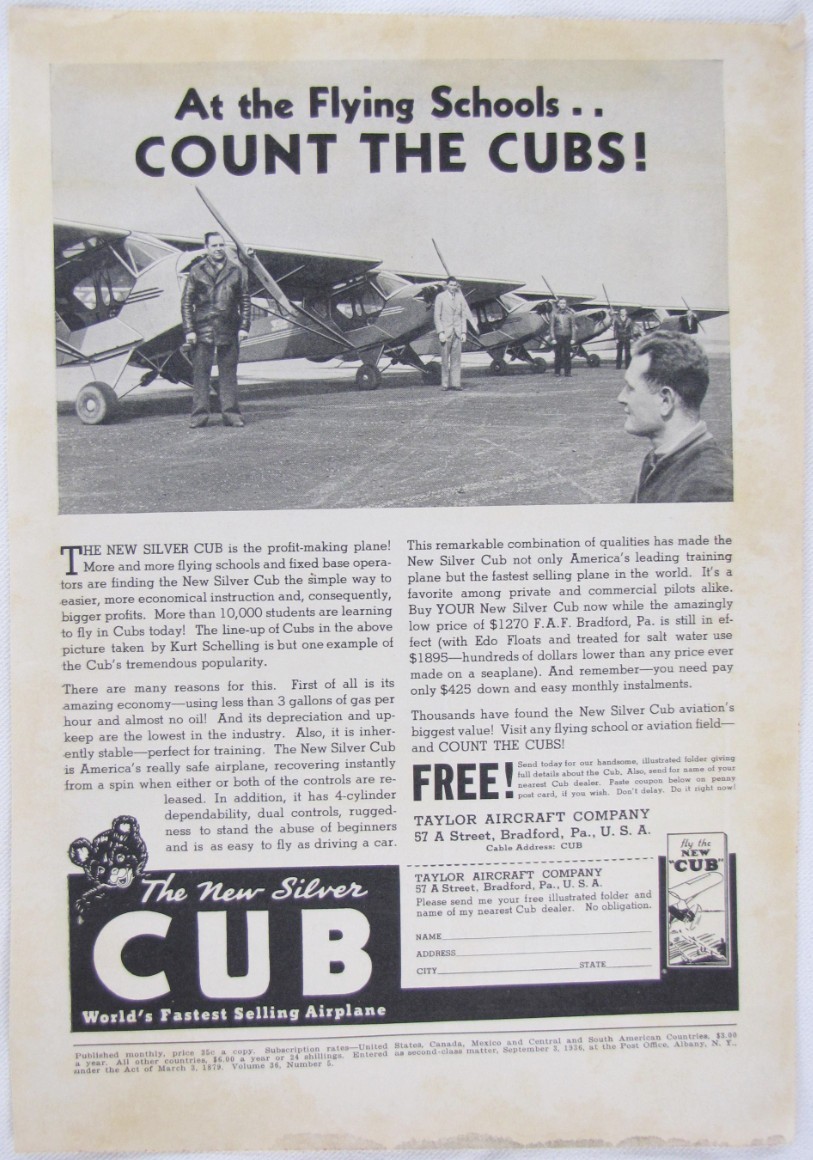Vintage 1937 PIPER J-3 Cub Airplane Plane Print Ad