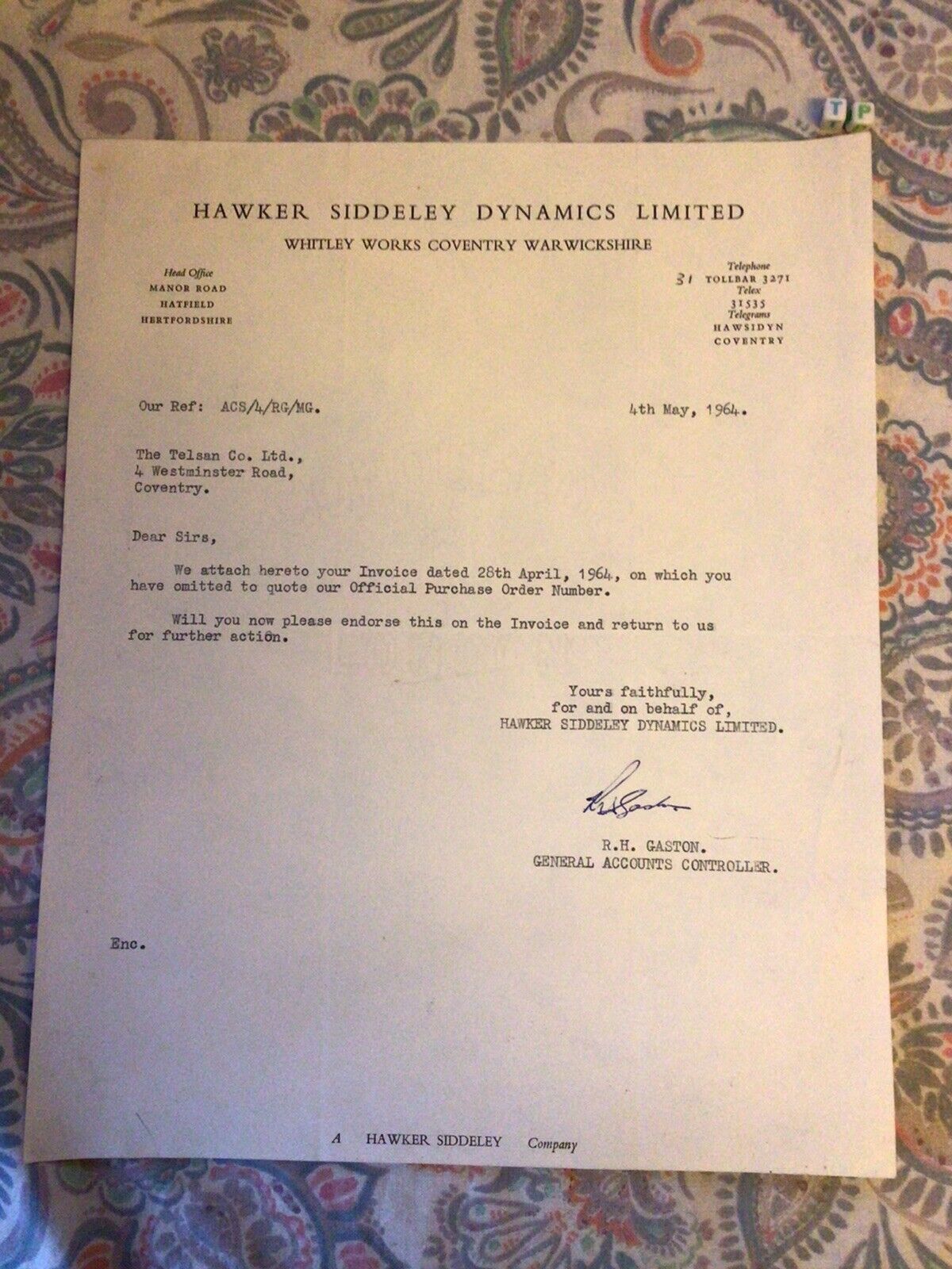 Rare 1964 letter Hawker Siddeley Aeronautics, Regarding A New Invention