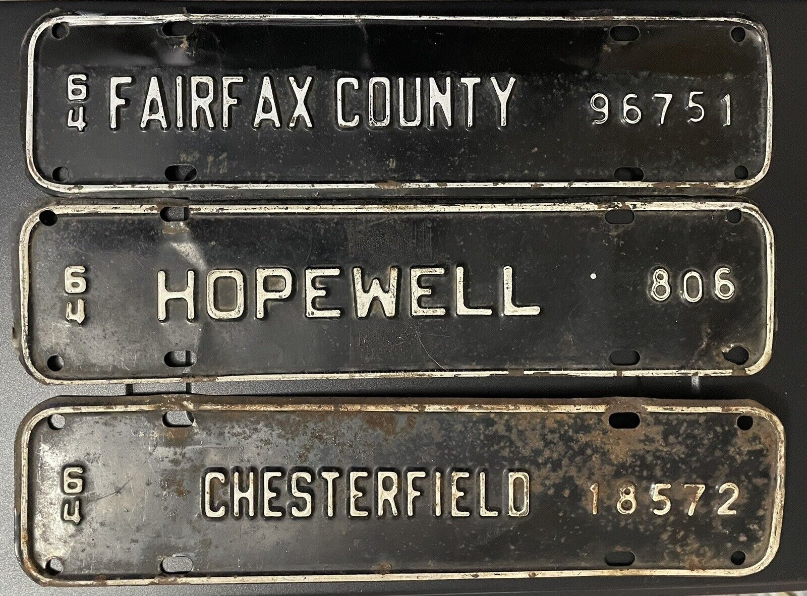 3- 1964 Virginia License Plate Toppers, Chesterfield, Fairfax, Hopewell,  used