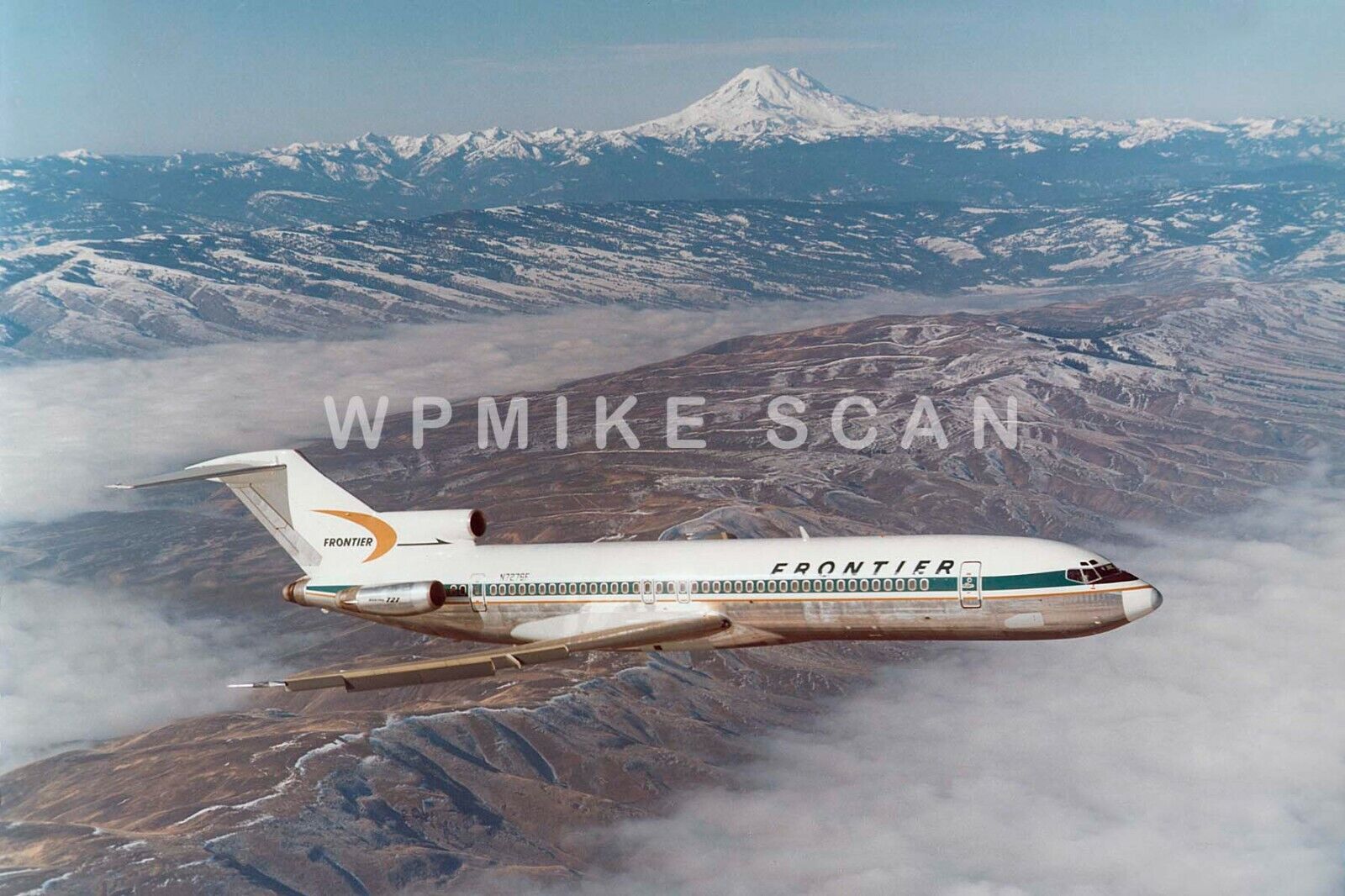  8X12 air-to-air photo Frontier Airline B727 N7276F scenery. Great Boeing photo