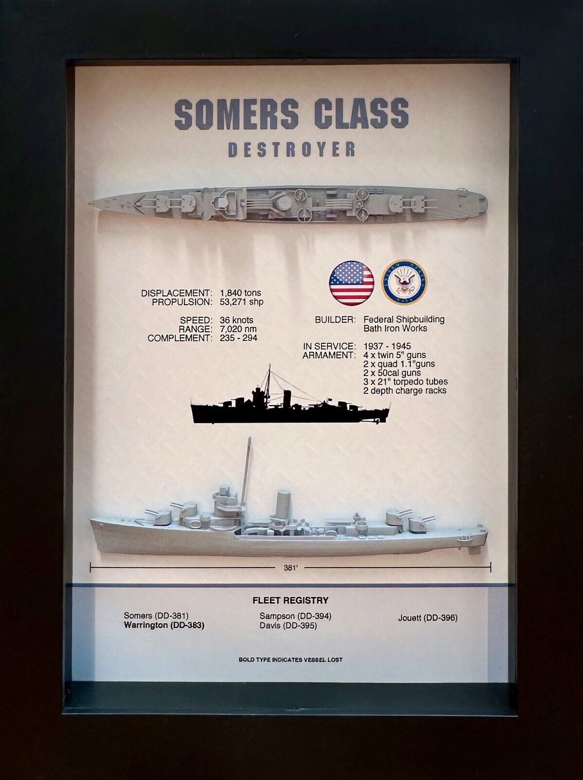 Somers Class Destroyer Memorial Display Box, WW2, 5.75\