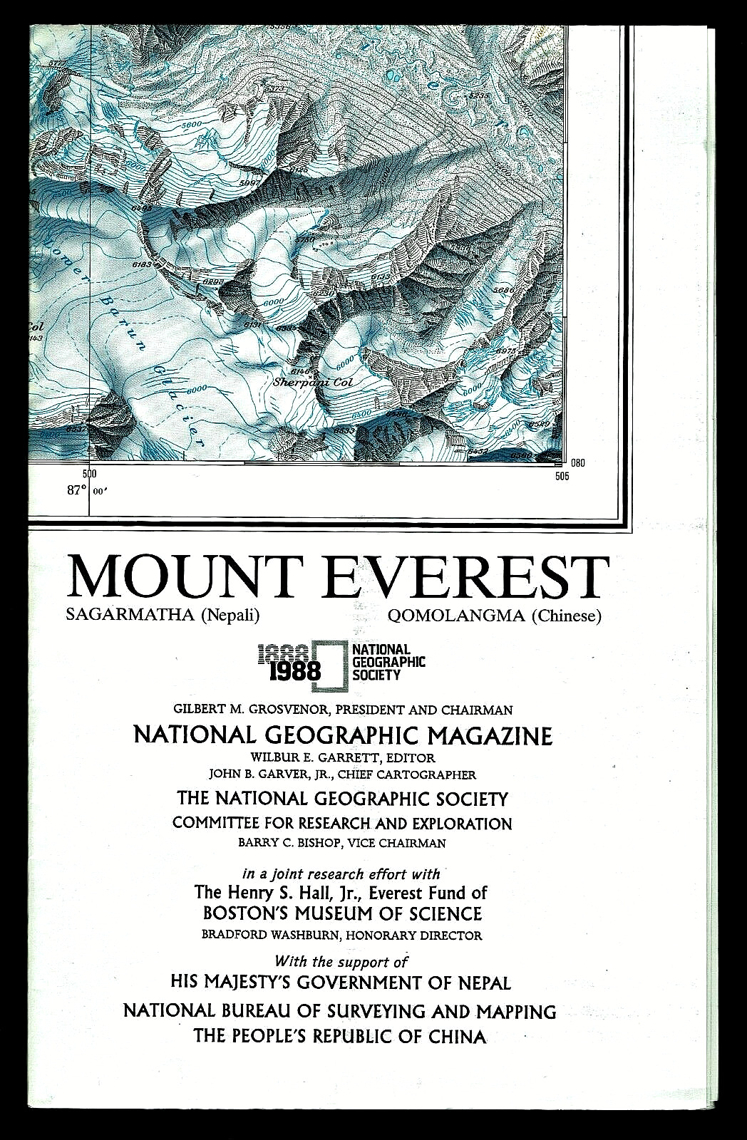 ⫸ 1988-11 November MOUNT EVEREST National Geographic Map Poster Home School - A1