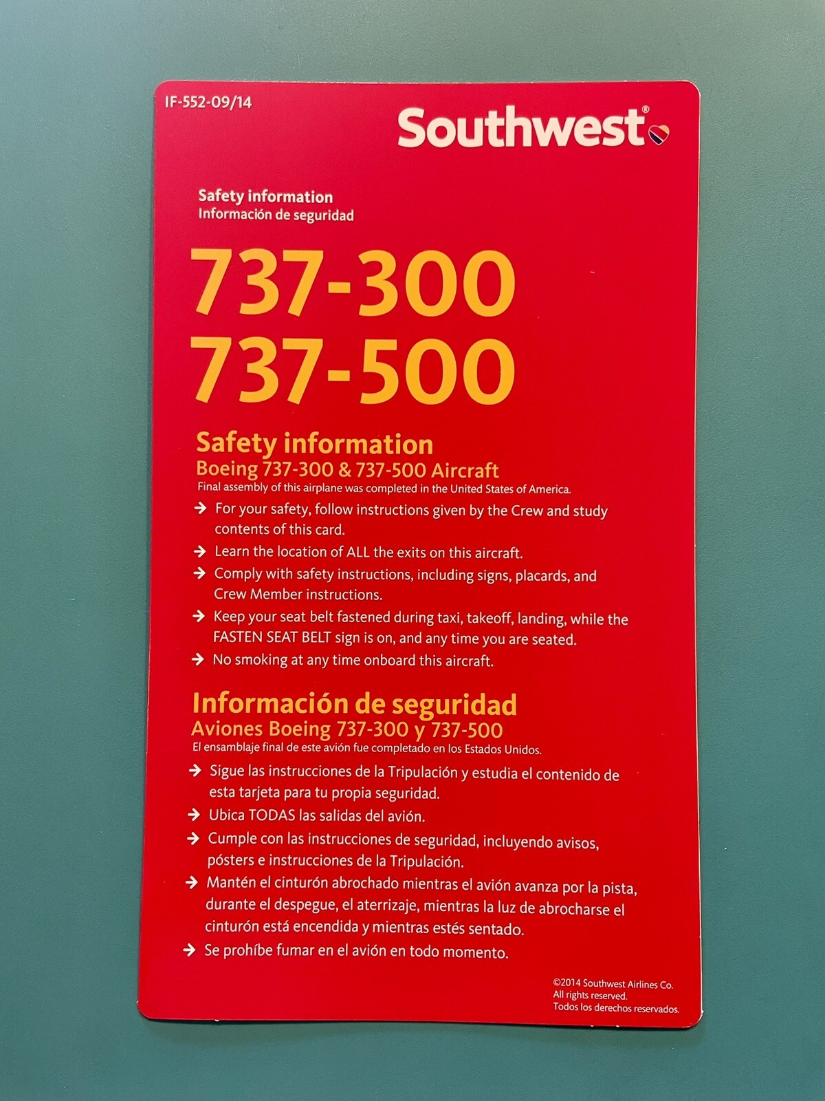 2014 SOUTHWEST AIRLINES SAFETY CARD--737-300/500 2014 SOUTHWEST AIRLINES SAFETY CARD--737-300/500