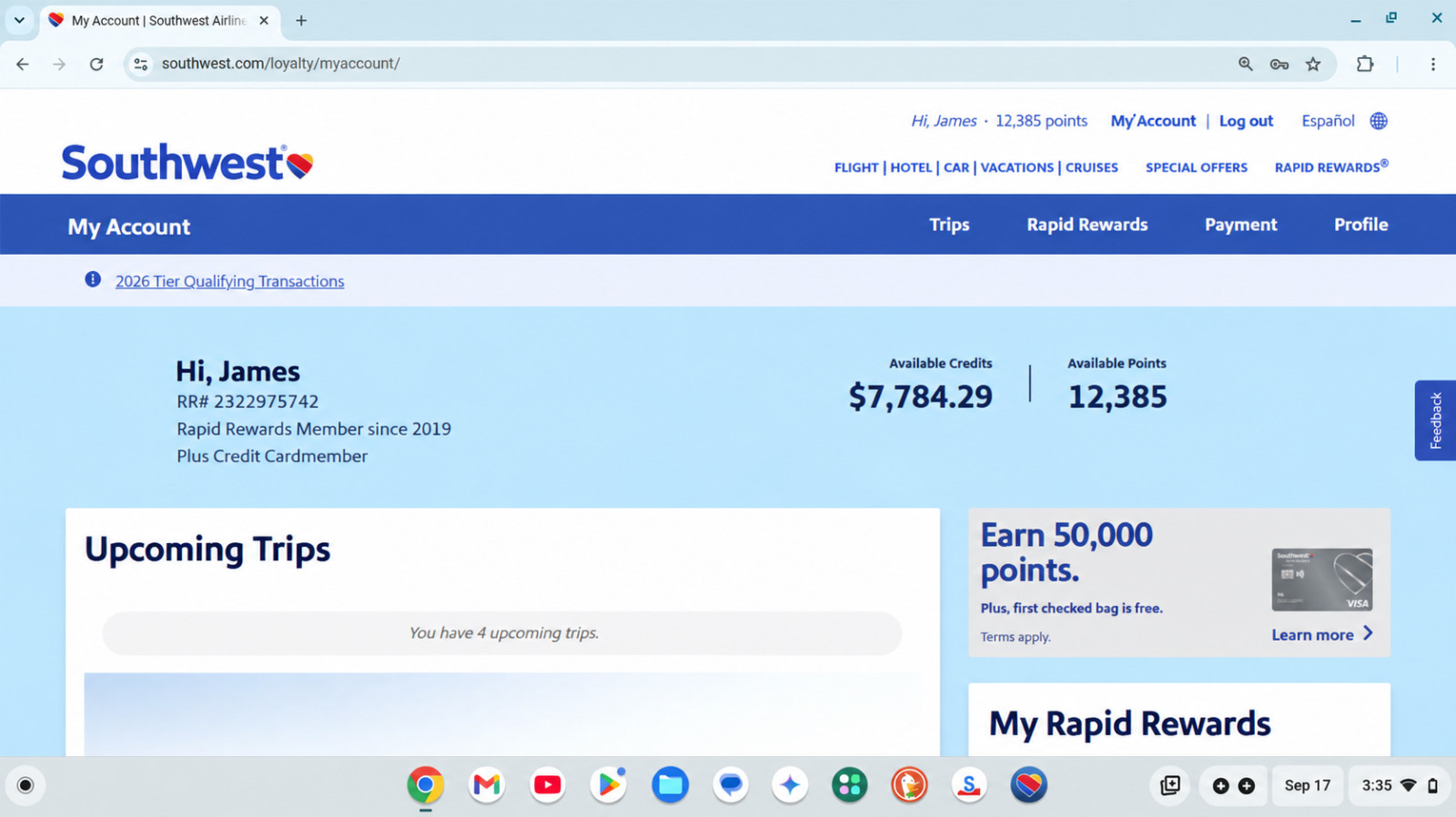  Southwest Airlines $100-10k Transferable Flight Credit- Fast Transfer