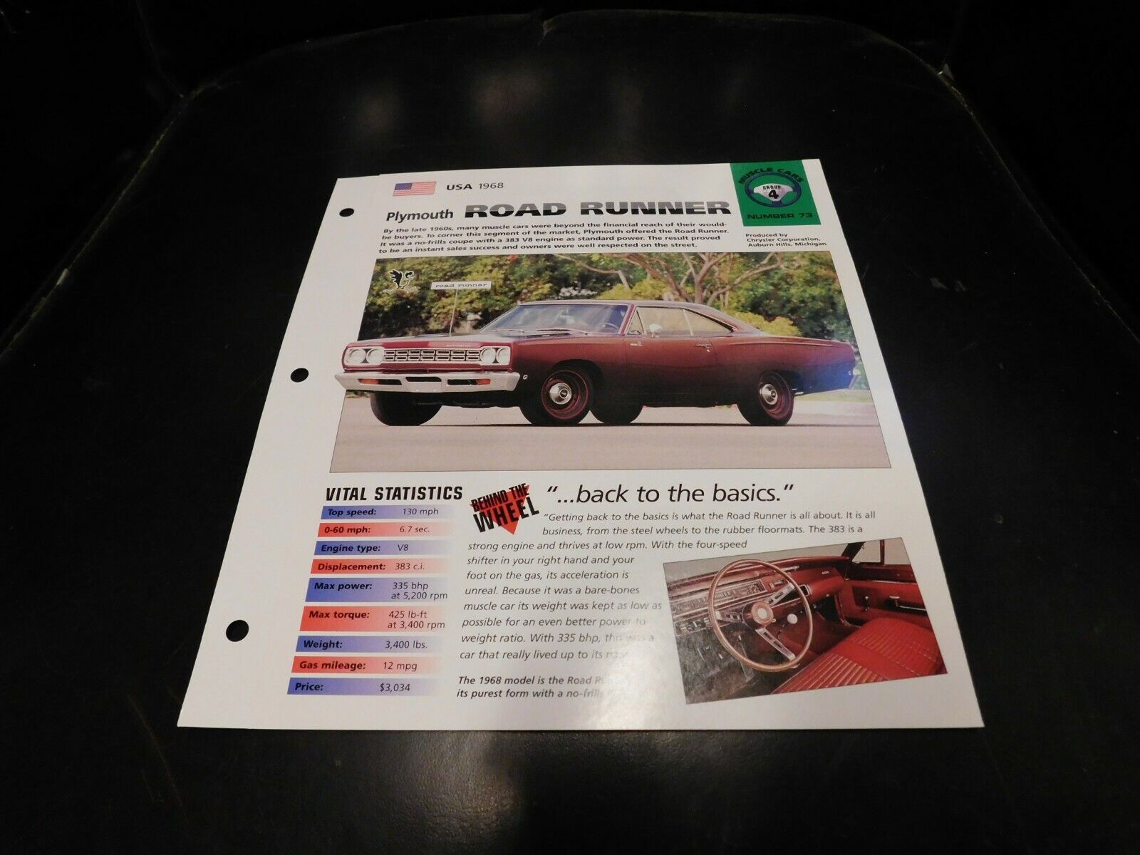 1968 Plymouth Road Runner Spec Sheet Brochure Photo Poster 