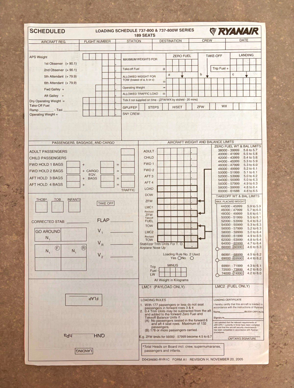 RYANAIR Boeing 737-800 B737-800 Original Loadsheet Loading Schedule 2005 UNUSED