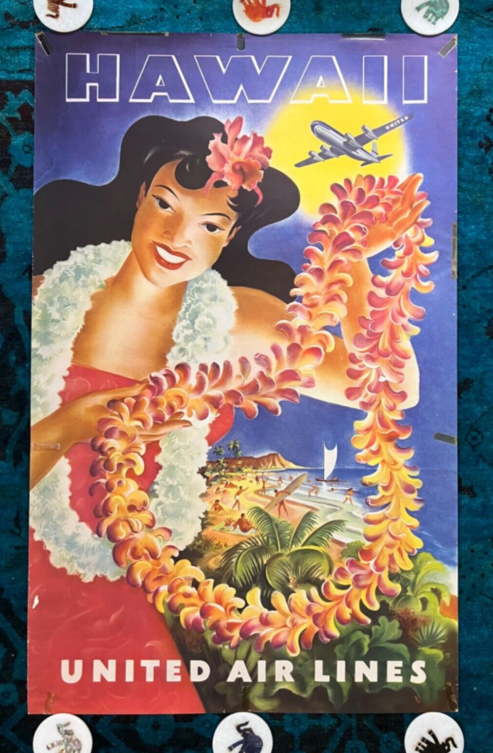 Original Travel Poster United Air Lines Hawaii Hula Dance Lei Beach Sun Nature