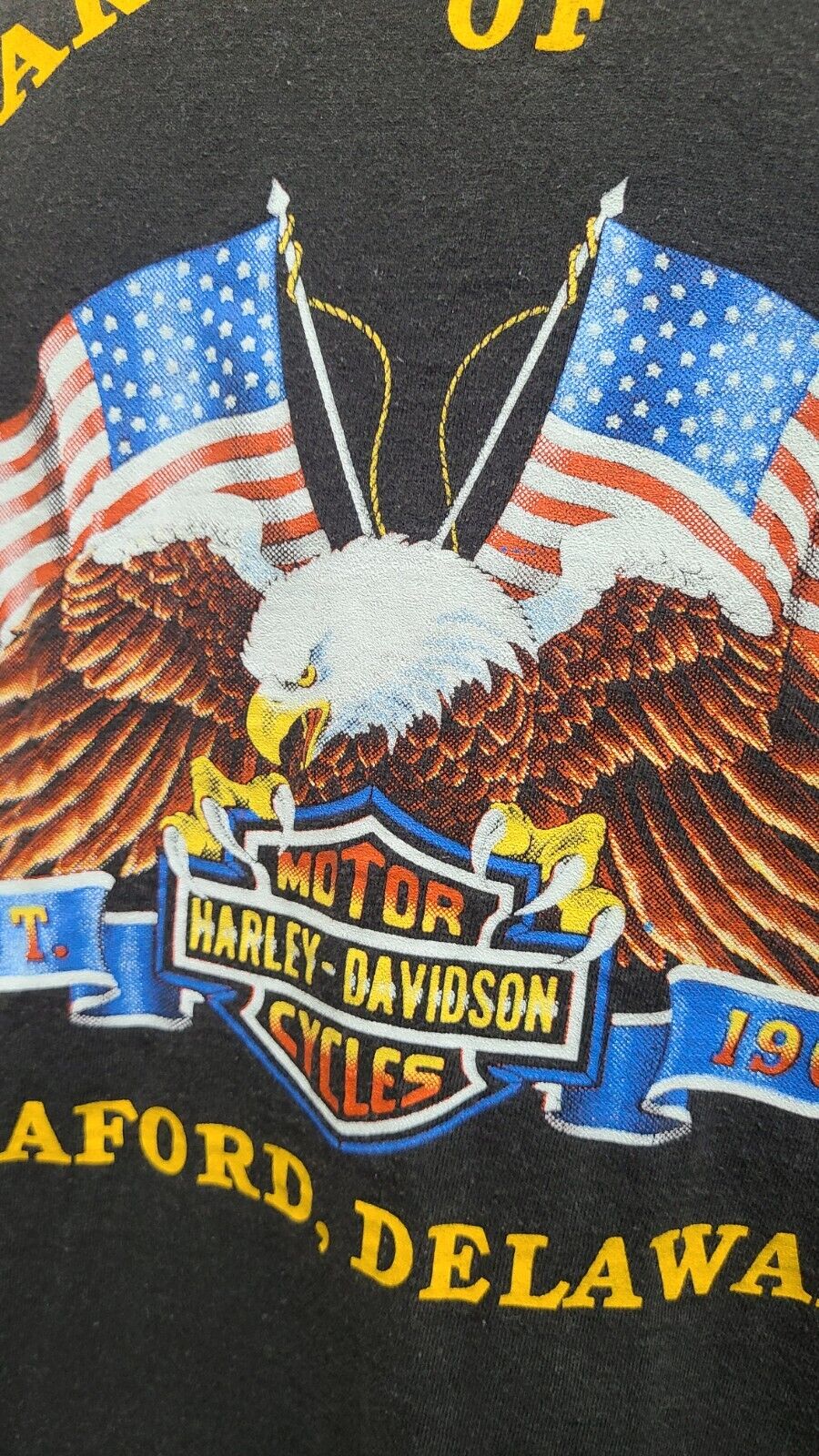 Vtg 87 Harley Davidson 3D Emblem Blk Patriotic T-Shirt- Dealer Seaford, Delaware