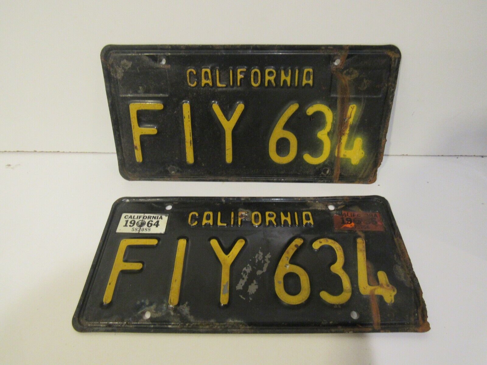 Vintage Black and Yellow California License Plates Pair FIY 634 DMV Clear Metal