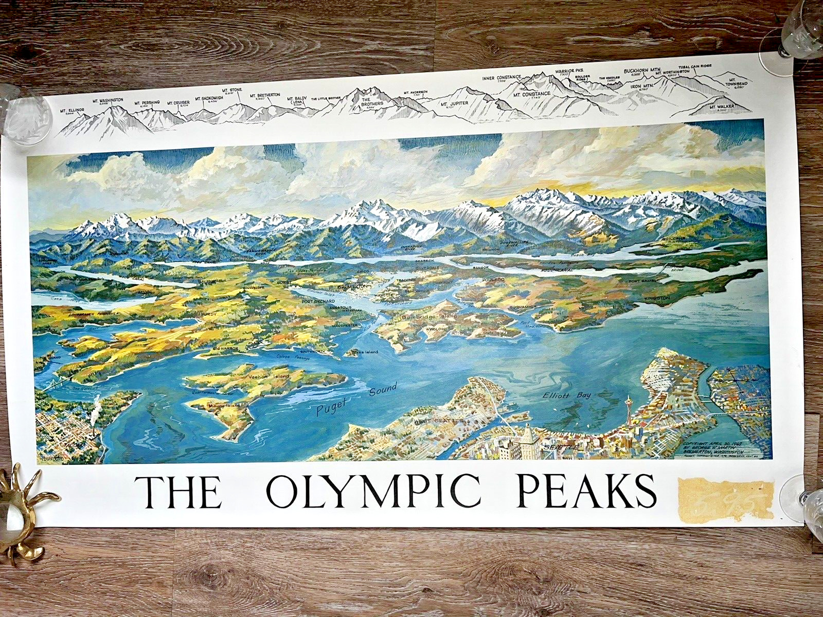 Vintage Olympic Peaks Puget Sound 2 Sided Map George W. Martin 1962/78 WA