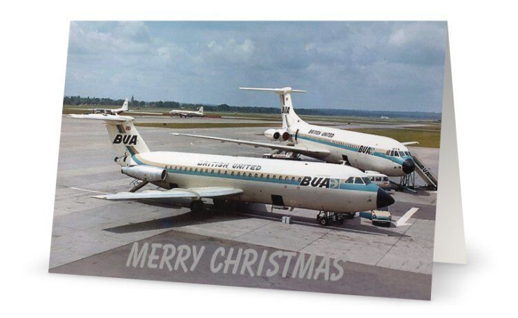 CHRISTMAS CARD - BUA BRITISH UNITED AIRWAYS BAC 111 and VC10 - NEW EDITION