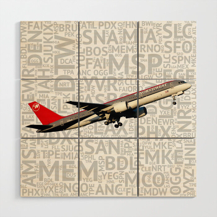 Northwest Airlines Boeing 757 with Airport Codes - 3' x 3' Wood Wall Art