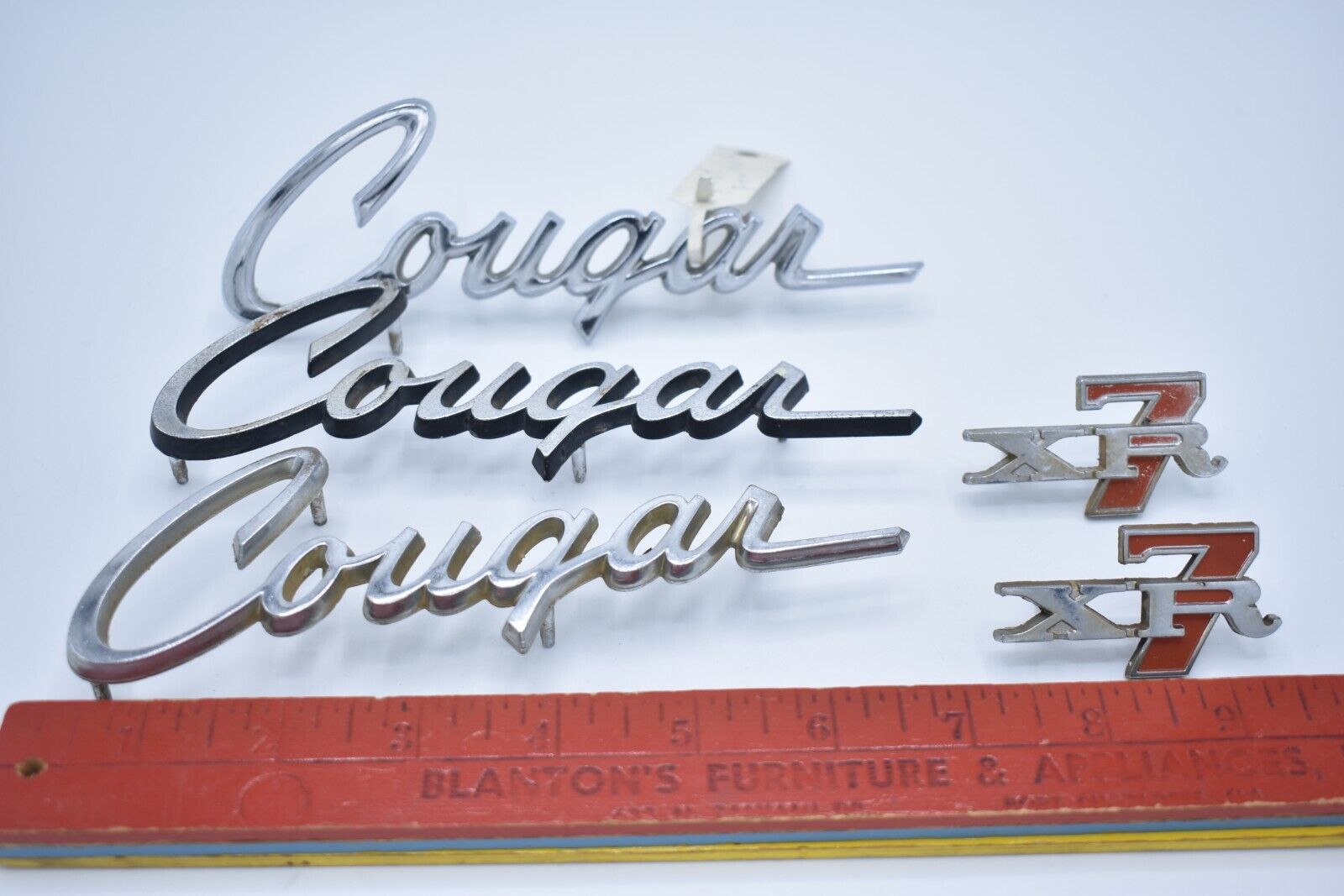 3 Mercury Cougar Emblems ( 1 marked Left Fender ) and 2 XR7 Emblems - Vintage