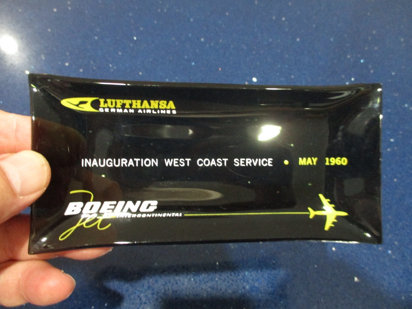 LUFTHANSA GERMAN AIRLINES Glass Ashtray Inaugural B-707 West Coast Service 1960